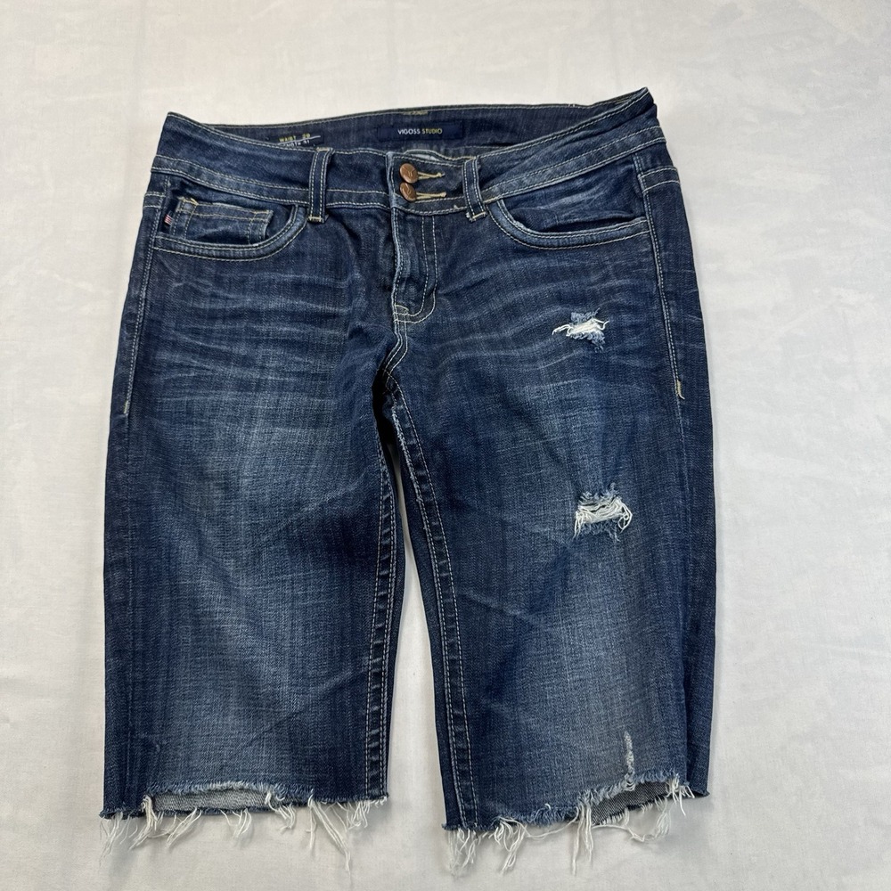 Vigoss Studio Women's 29x31 Distressed Denim Bermuda Shorts Raw Hem Dark Wash